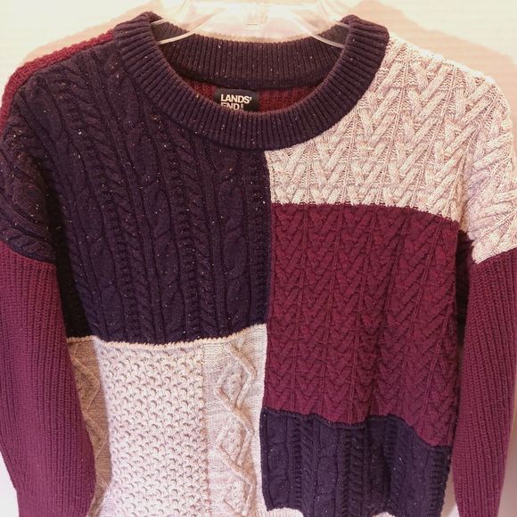 Lands End Sweater Mens S Colorblock Cable Knit Patchwork Grandpa Wool Blend - Picture 5 of 9